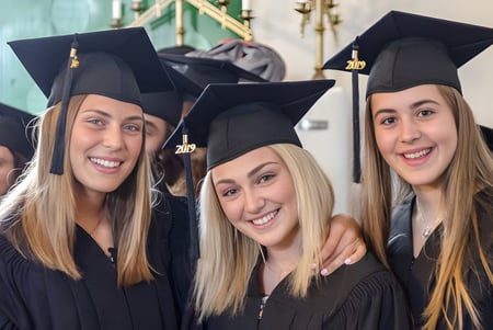 Tres alumnas de la École Secondaire Augustin-Norbert-Morin en ropa de graduación posan juntas en el campus.