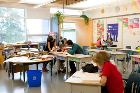 Estudiantes de la École des Deux-Rives están en un aula animada realizando diversas actividades rodeados de materiales de aprendizaje.