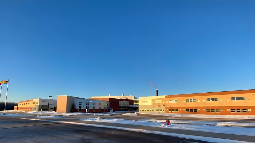 El moderno edificio escolar de la École L’Odyssée está rodeado de un paisaje nevado bajo un cielo azul claro.