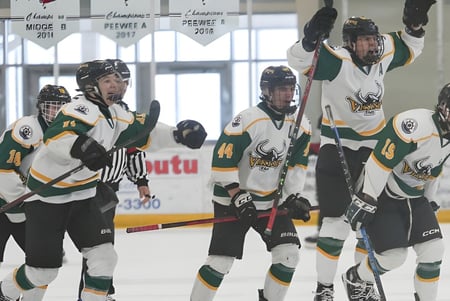 Estudiantes de la École Marie-Esther están vestidos con uniformes de hockey sobre el campo de hielo de una arena.