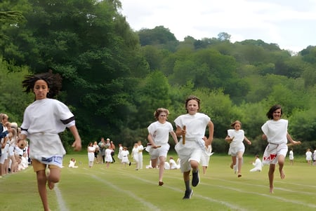 Un grupo de estudiantes de la Edinburgh Steiner School corre en un campo cubierto de césped con árboles al fondo.