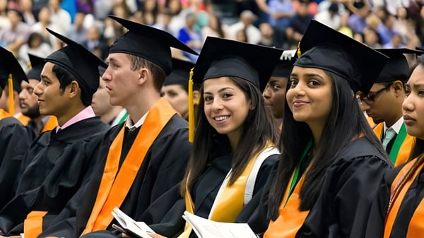 Los graduados de Elmwood High School están juntos en su vestimenta de graduación y sonríen a la cámara.