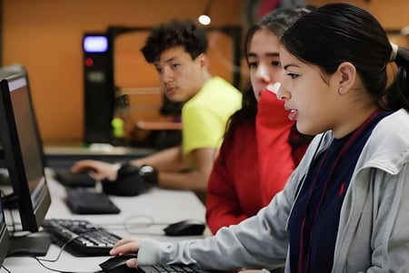 Estudiantes de Elmwood High School trabajan juntos en el aula de computación en diferentes tareas.