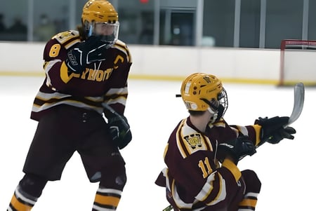 Dos jugadores de hockey en equipo completo están sobre el campo de hielo de la Erin District High School.
