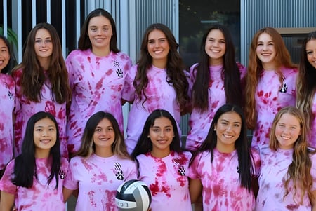 Un grupo de estudiantes de la Escondido Charter High School está frente a un edificio de metal gris y lleva camisetas de batik rosas.