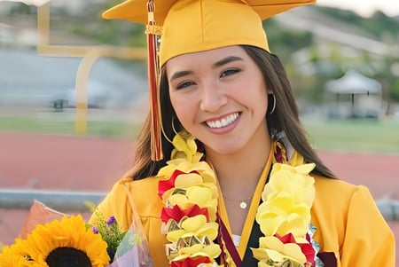 Una graduada de la Esperanza High School lleva una toga de graduación amarilla y sostiene un ramo de flores frente a un campo deportivo.