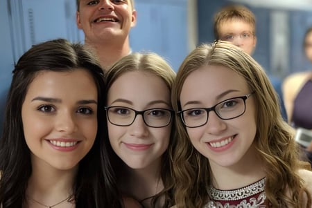 Tres alumnas sonríen frente a una pared azul en el campus de la Exploits Valley High School.