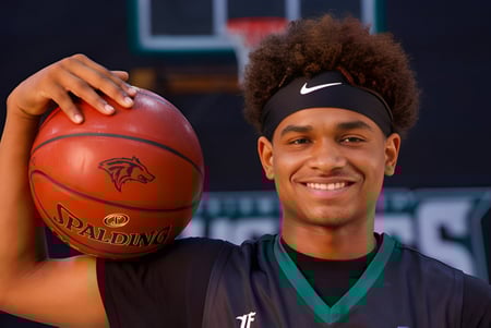 Un estudiante de la Fairmont Prep Academy sostiene un balón de baloncesto frente a la cancha de baloncesto y sonríe.
