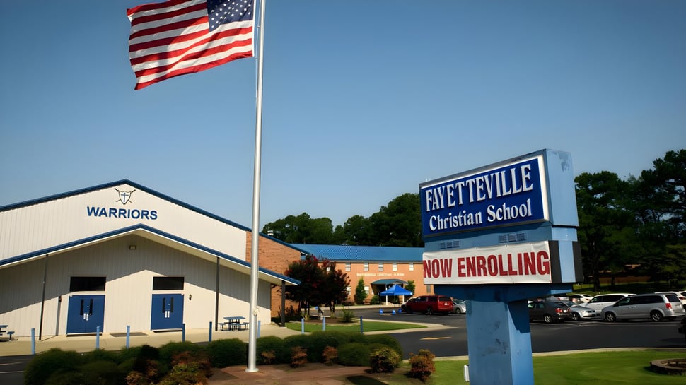 En el terreno de la Fayetteville Christian School se puede ver una bandera americana y un cartel con la inscripción para estudiantes.