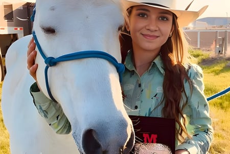 Una mujer con atuendo de vaquera está al lado de un caballo blanco en un campo frente a montañas en el terreno de la Foremost School.
