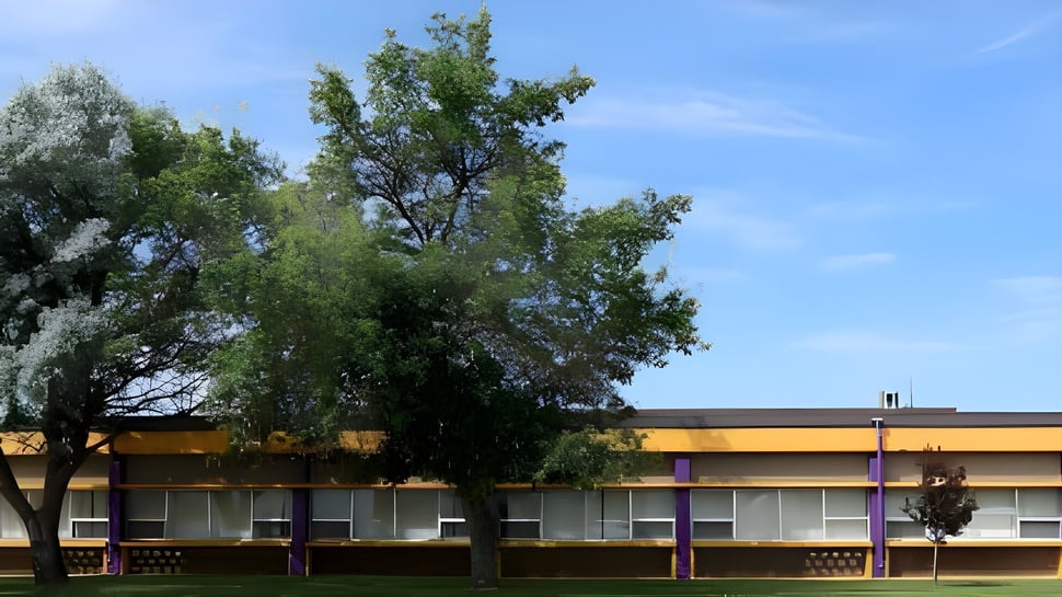 El moderno edificio escolar de la Foremost School está rodeado de un dosel de hojas verdes y se ve frente a un cielo azul.