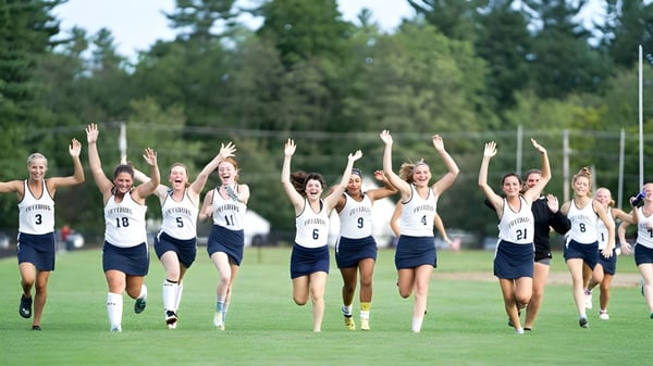 Jóvenes atletas de la Fryeburg Academy corren juntas en un campo cubierto de hierba.