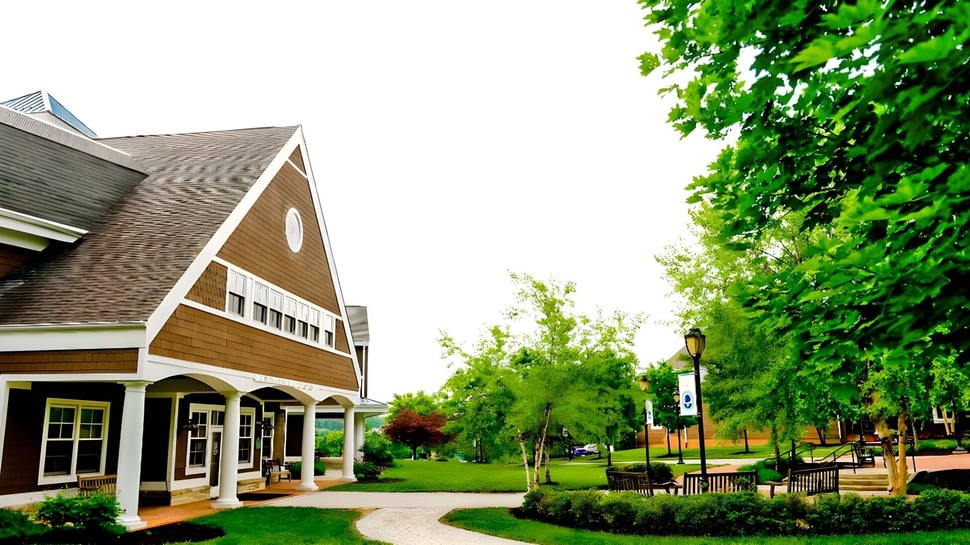 Un encantador edificio de madera con porche cubierto en el campus de la Garrison Forest School rodeado de un paisaje cuidado.