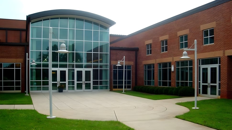 El moderno edificio de vidrio con fachada curva en el campus de la Gaston Day School está rodeado de un camino pavimentado y áreas verdes.