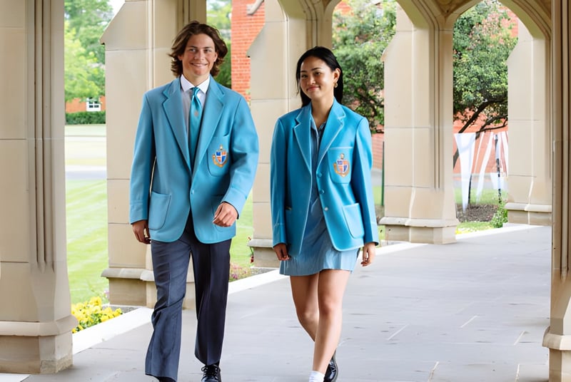 Dos personas están en el pasillo con ventanas en forma de arco en el campus de la Geelong Grammar School.