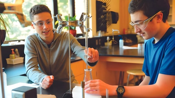 Dos jóvenes conversan en una mesa en el café del campus de George School.