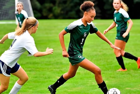 Un grupo de jugadoras de fútbol de George School juega un partido en un campo de césped.