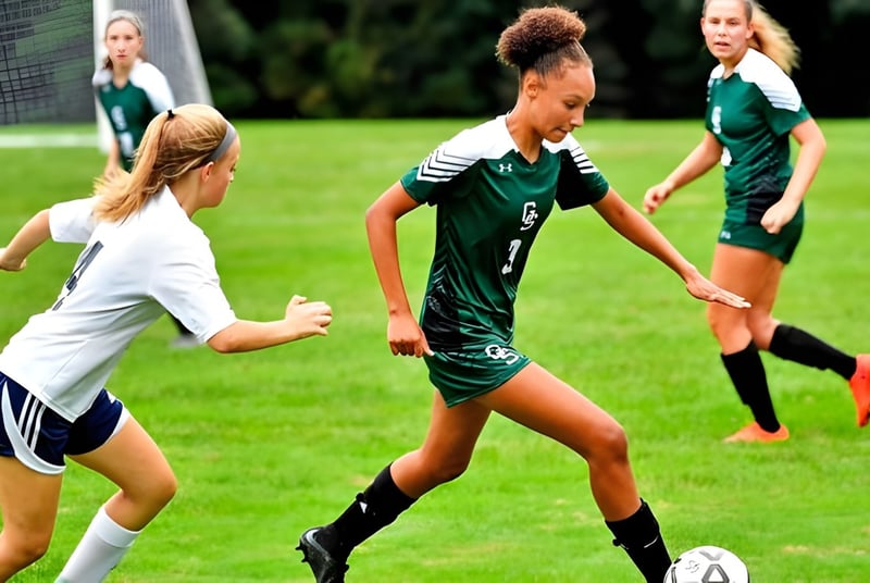Un grupo de jugadoras de fútbol de George School juega un partido en un campo de césped.