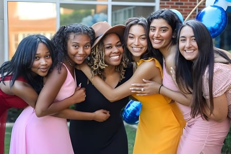 Un grupo de jóvenes alumnas está frente a un edificio de ladrillo en el campus de la Girls Preparatory School.