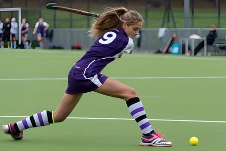 Una joven atleta con camiseta morada juega hockey sobre césped en el campo de césped artificial en Gordonstoun.