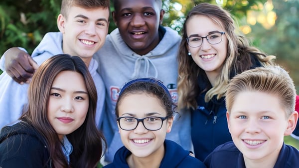 Un grupo de estudiantes de la Grace Academy posan riendo en un área exterior verde con árboles de fondo.