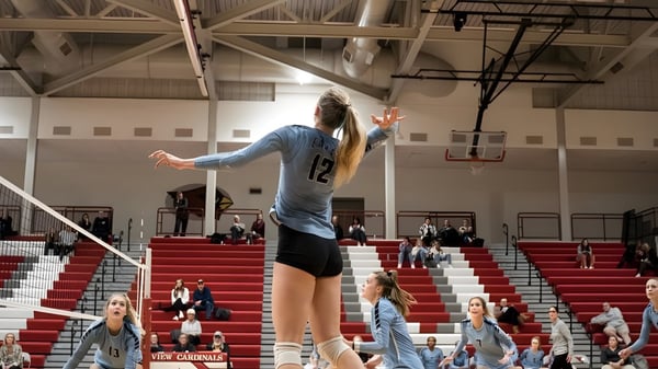 Un estudiante de la Grand Rapids Christian High School salta para hacer un remate de voleibol en el gimnasio.