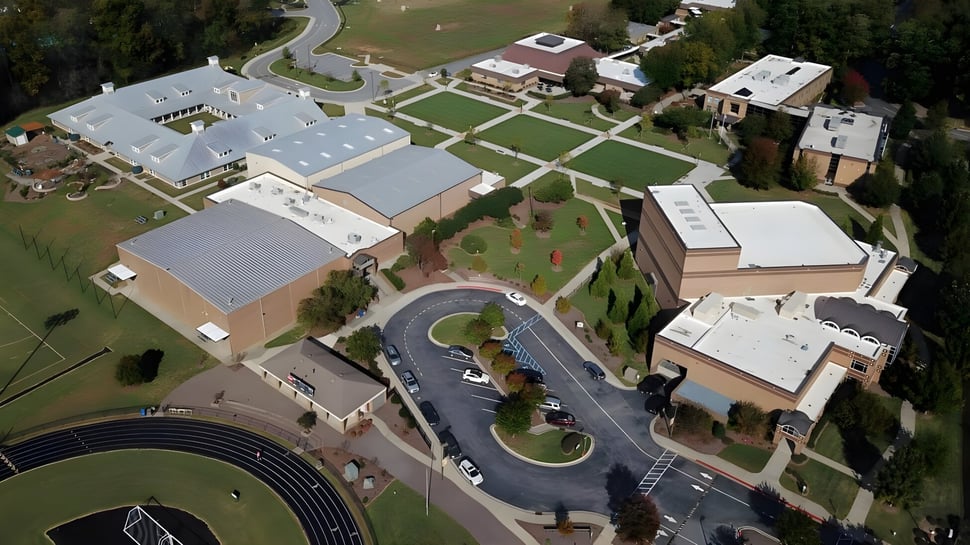 Toma aérea del amplio campus de Greensboro Day School con edificios y áreas verdes.