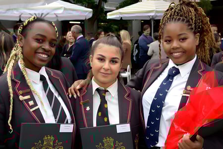 Tres alumnos de la Haileybury School están sonriendo juntos al aire libre en el recinto escolar.
