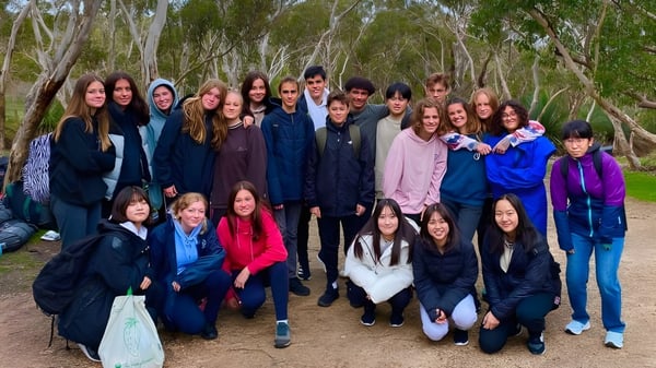 Un grupo de estudiantes de la Hallett Cove School se encuentra en un área boscosa con altos árboles y densa vegetación.