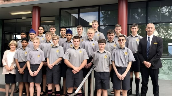 Estudiantes y profesores de la Hamilton Boy's High School posan juntos frente al edificio escolar.