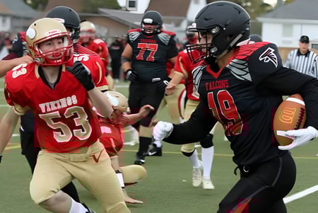 Dos jugadores de fútbol americano con uniforme rojo y negro juegan en el campo de la Hammarskjold High School.
