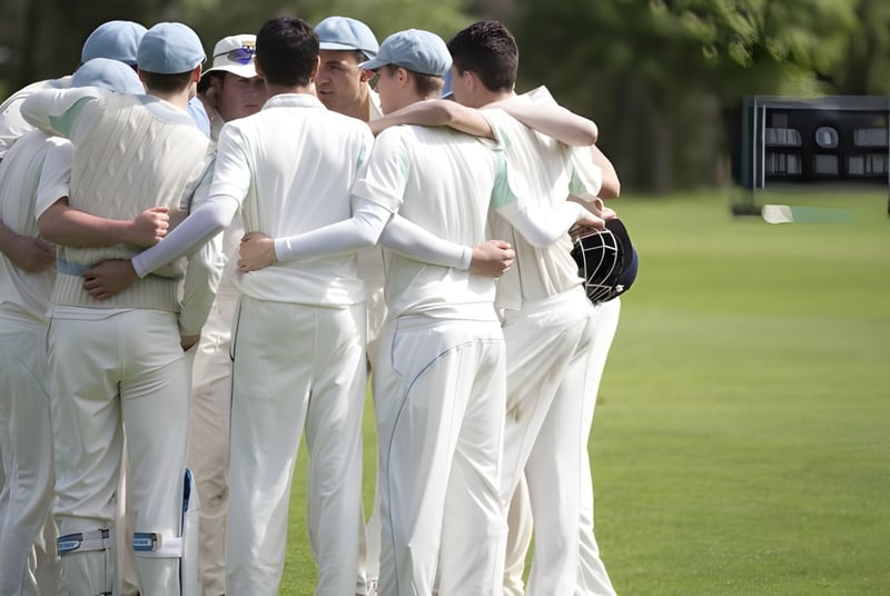 Un grupo de estudiantes de la Harrow School está vestido con uniformes blancos de cricket en un campo de césped frente a un marcador.