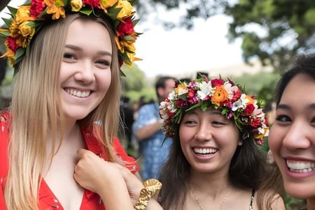 Tres alumnas de la Hawaii Preparatory Academy llevan coloridas coronas de flores y están sonriendo al aire libre frente a los árboles.