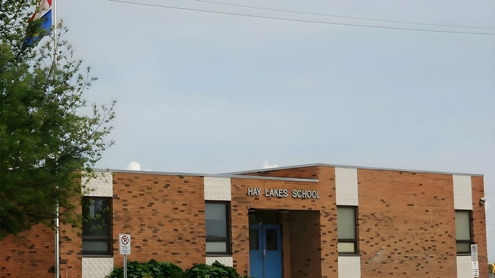 El edificio de ladrillo de la Hay Lakes School está rodeado de árboles y se puede ver ante un cielo despejado.