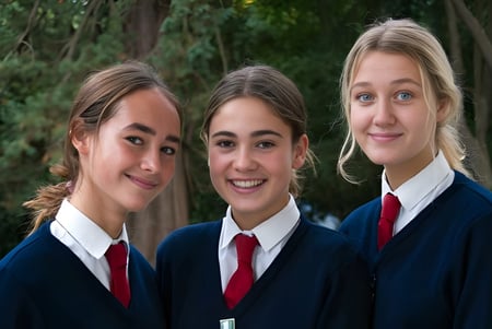 Tres alumnas de la Heathfield School posan juntas en un área exterior verde.