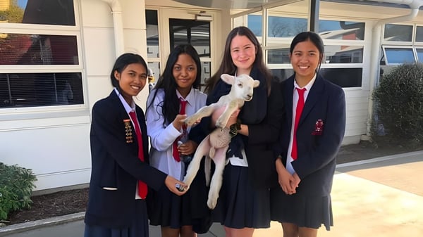 Cuatro estudiantes en uniformes escolares están de pie frente al edificio de la Hillmorton High School y sonríen a la cámara.