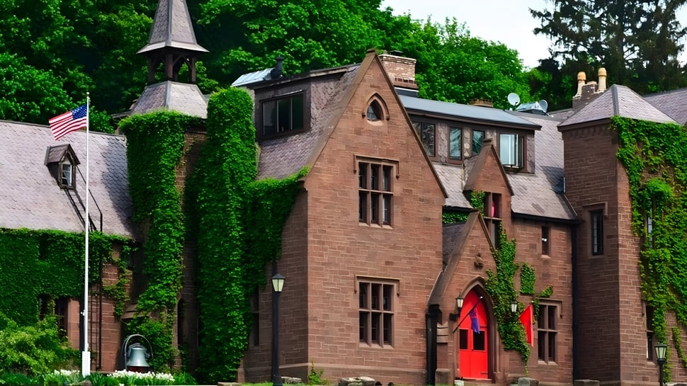 El edificio de ladrillo de la Hoosac School con puerta roja está rodeado de árboles y plantas verdes.