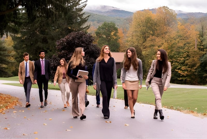 Un grupo de estudiantes de la Hoosac School da un paseo por un camino con hojas otoñales y montañas al fondo.