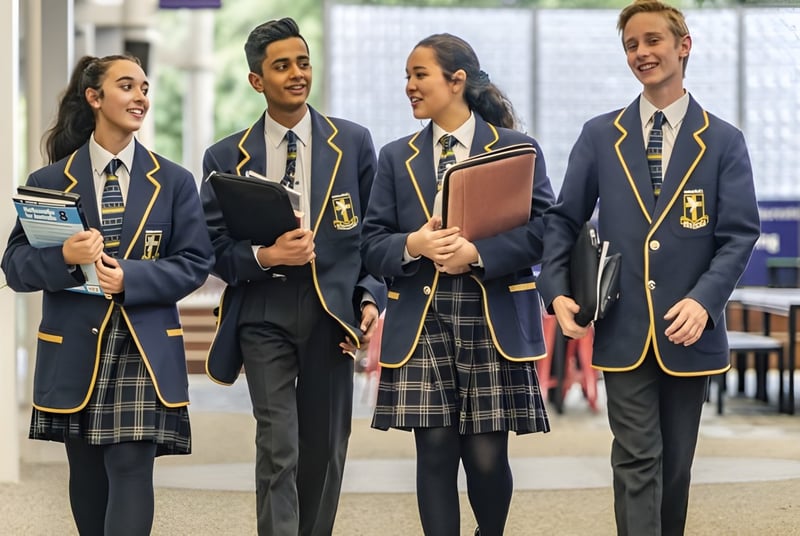 Un grupo de estudiantes en uniformes escolares está en el pasillo del Immanuel College.