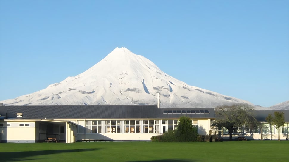 Un moderno edificio escolar de Inglewood High School con grandes ventanas frente a una cima de montaña nevada.