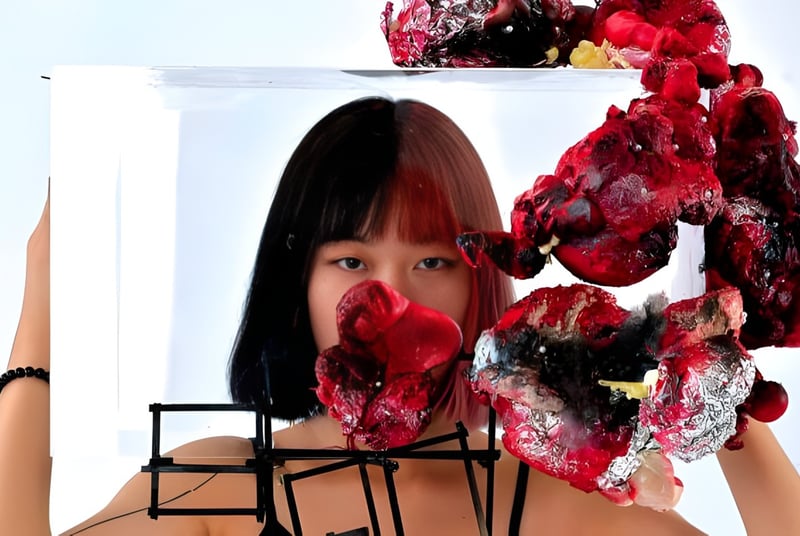 Una joven mujer con cabello oscuro está frente a arreglos de flores rojas y rosas en el campus de la International School of Creative Arts.