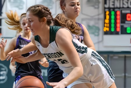 Dos jugadoras de baloncesto luchan por el balón en el campo de juego de la Jenison Public Schools.