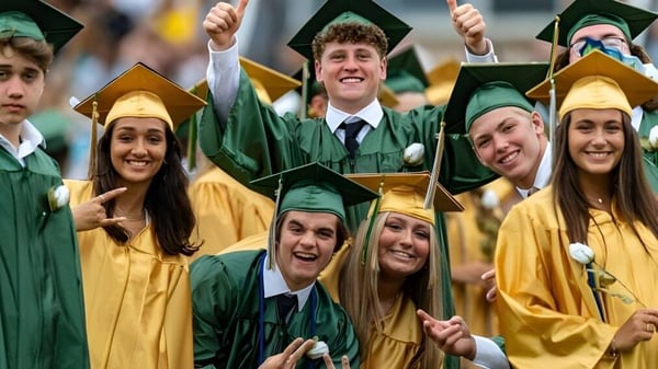 Las graduadas y graduados de la Jesus and Mary Secondary School celebran al aire libre sus éxitos académicos en togas verdes y doradas.