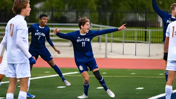 Estudiantes del John Paul College celebran un gol en el partido de fútbol en el recinto escolar.