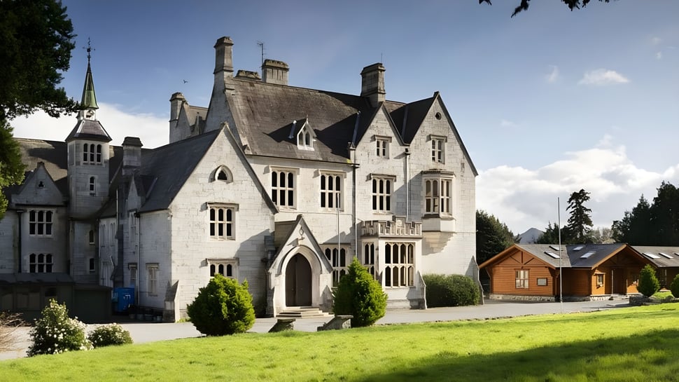 El castillo en el terreno de la John Scottus Secondary School está rodeado de un paisaje verde y un césped bien cuidado.