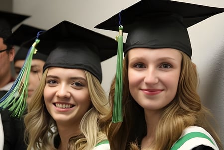 Dos estudiantes en ropa de graduación posan juntas en una ceremonia de graduación de la Kamloops School of the Arts.