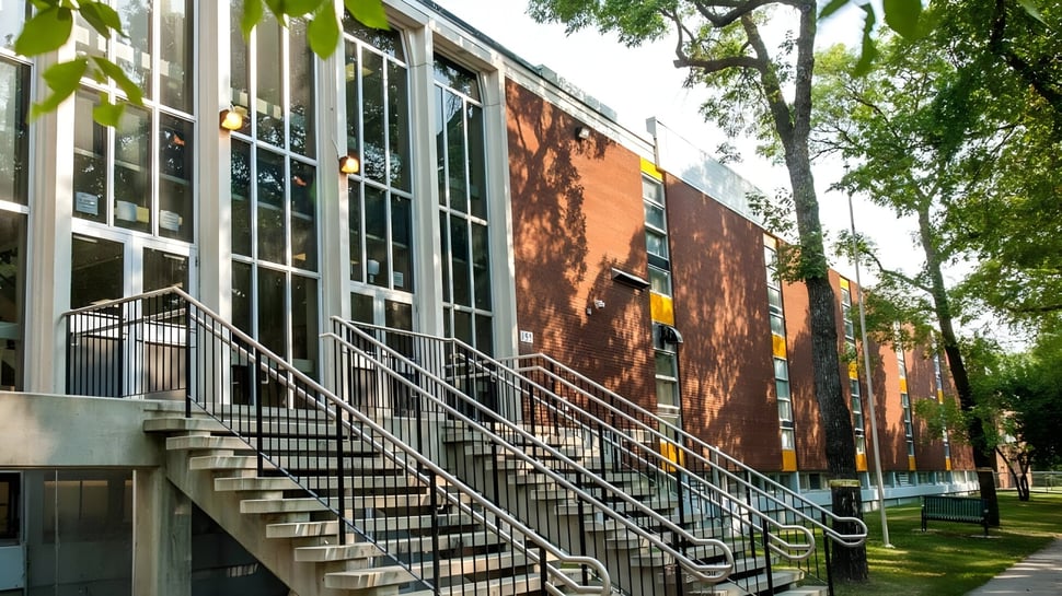 El edificio de ladrillo de varios pisos de la Kelvin High School está rodeado de árboles y una zona de césped.