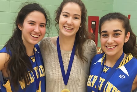 Tres estudiantes en uniformes deportivos azules posan frente a una pared verde en el terreno de Kensington Intermediate Senior High School.