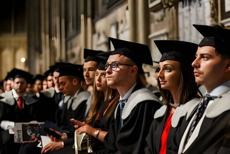 Un grupo de graduados en toga y birrete se encuentra frente a una arquitectura decorada en el campus del Kent College.