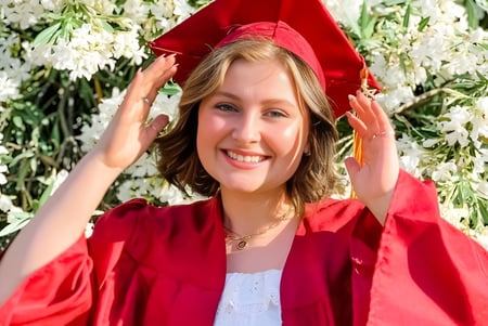 Una joven sonriente en una toga de graduación roja está frente a flores blancas en el terreno de la Kings Christian School.